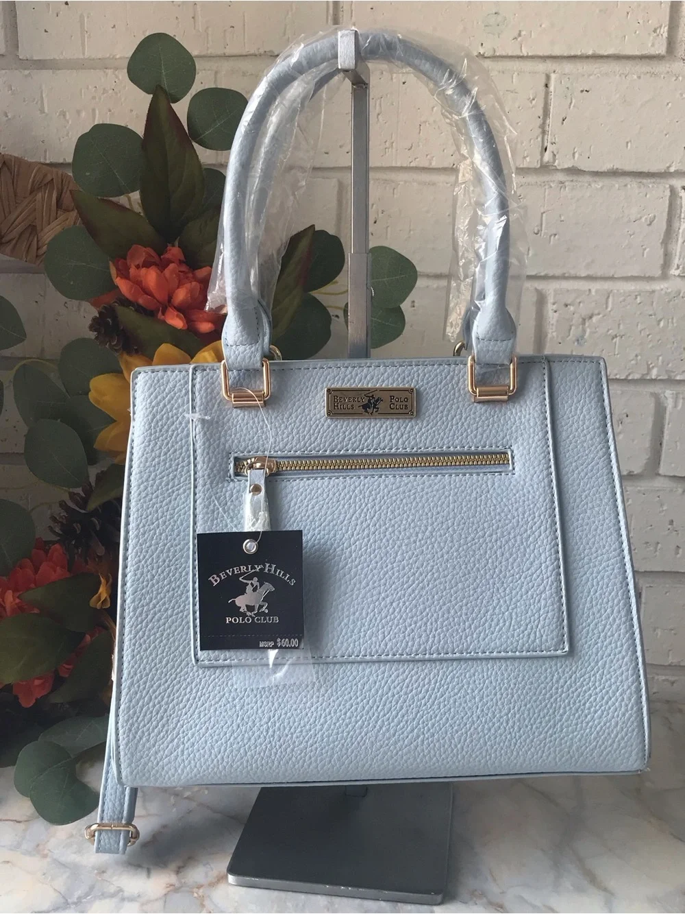 Beverly Hills Polo Club Light Baby Blue Structured Tote Crossbody Strap NEW